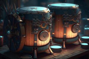 bongos viking trummor med en skydda och olika små detaljer och ornament. ai generation foto
