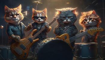 en musikalisk sten band bestående av fyra katter spela tung musik på annorlunda instrument. ai generation foto