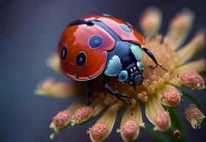 nyckelpiga på en blomma makro fotografi. ai genererad foto