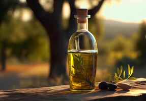 oliv olja i en glas flaska. ai genererad foto