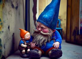 ett gammal trädgård gnome sitter i de fält och samtal till en små varelse. ai genererad foto