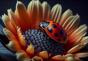 nyckelpiga på en blomma makro fotografi. ai genererad foto