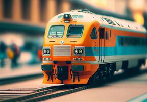 orange tåg ankommer på de järnväg station. ai genererad. foto