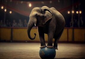 cirkus elefant står på en boll. cirkus lura. ai genererad foto