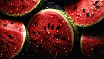 stänga upp av rena skära vattenmelon med vatten släppa i mörk svart bakgrund. färsk frukt och vegetabiliska begrepp. näring och vitamin tema. generativ ai foto