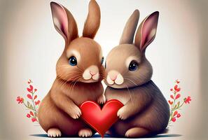 söt tecknad serie kanin par innehav röd hjärta bakgrund i valentines dag begrepp. generativ ai foto