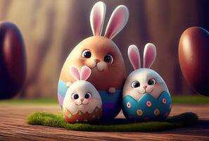 söt kaniner familj i målad knäckt påsk ägg. generativ ai foto
