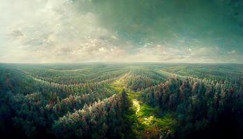 antenn se av grön skog på de berg med himmel bakgrund. generativ ai foto