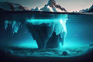 stor isberg över de blå hav yta bakgrund. landskap och företag liknelse begrepp. digital konst illustration tema. generativ ai foto