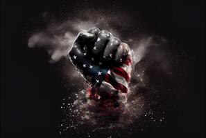 höjning knöt näve med amerikan flagga i de mörk bakgrund. patriotisk och nationell dag. generativ ai foto