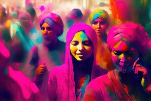 hindu människor med färgrik stärkelse pulver i holi festival eller festival av färger. generativ ai foto