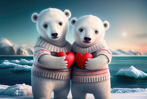 par av vit polär björnar innehav röd hjärta med norr Pol snöig landskap bakgrund. generativ ai foto