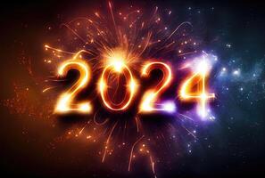 2024 ny år firande med färgrik fyrverkeri på mörk bakgrund. Lycklig ny år de år av drake och hälsning kort begrepp. generativ ai foto