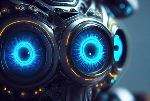 närbild av blå robot ögon med metallisk strukturera bakgrund. teknologi och innovation begrepp. generativ ai foto