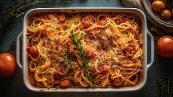 hemlagad spaghetti frukost gryta i en bakning maträtt. illustration ai generativ foto