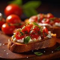 italiensk bruschetta med ricotta ost och tomater illustration ai generativ foto