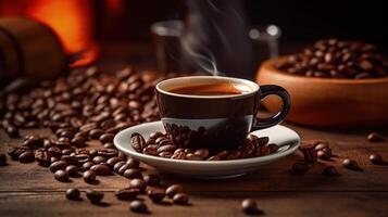 kaffe bönor och en kopp av svart kaffe på en trä- tabell illustration ai generativ foto