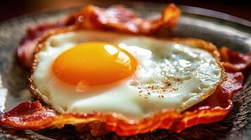 friterad ägg solig sida upp på franska baguette, skinka illustration ai generativ foto