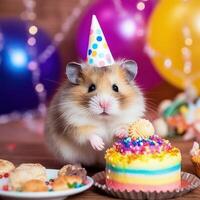 söt födelsedag hamster med kaka. illustration ai generativ foto