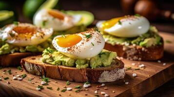 smörgåsar med avokado, vattenbad ägg, illustration ai generativ foto