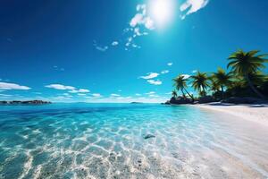solig strand blå hav bakgrund. illustration ai generativ foto