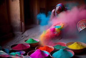 hindu människor med färgrik stärkelse pulver i holi festival eller festival av färger. generativ ai foto