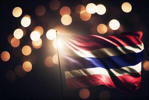 thailand flagga med färgrik skinande bokeh ljus bakgrund. nation flagga i de mörk med belysning ljus. nationell dag begrepp. generativ ai foto