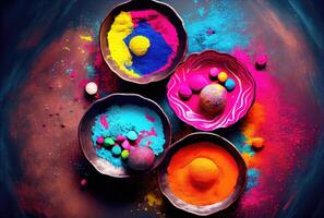 färgad pulver av holi festival kallad gulal i indisk språk. generativ ai foto