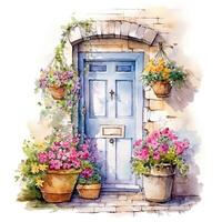 mysigt dörr med blommor vattenfärg. illustration ai generativ foto