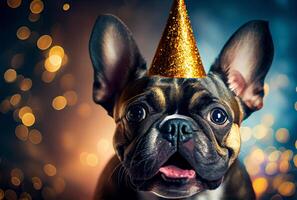 porträtt av söt Lycklig franska bulldogg i de firande fest med bokeh ljus och konfetti i de mörk bakgrund. generativ ai foto