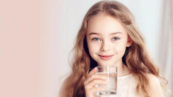 flicka med glas av vatten. illustration ai generativ foto