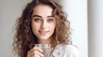 flicka med glas av vatten. illustration ai generativ foto