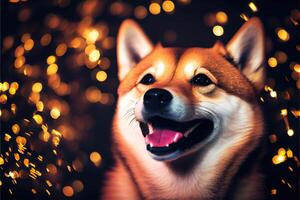 Lycklig shiba inu hund i fest med bokeh ljus bakgrund. djur- och sällskapsdjur begrepp. generativ ai foto