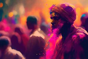 hindu människor med färgrik stärkelse pulver i holi festival eller festival av färger. generativ ai foto