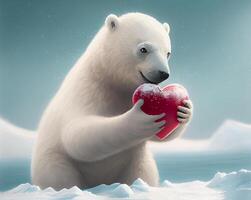 söt polär Björn innehav röd hjärta ensam i norr Pol med snöfall bakgrund. djur- och landskap begrepp. valentines dag tema. generativ ai foto