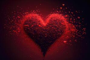 röd hjärta med damm partikel upplösning effekt på röd bakgrund. generativ ai foto
