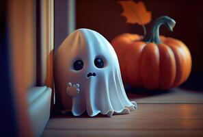 söt läskigt tyg spöke i halloween fest bakgrund. rolig karaktär konst begrepp. generativ ai foto