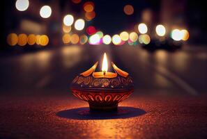diya lampa med bokeh ljus på de stadens centrum gata i diwali festival. generativ ai foto