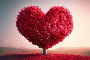 röd hjärta form träd landskap med himmel bakgrund. valentines dag och roman begrepp. digital konst illustration. generativ ai foto