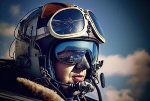 huvud skott av kämpe pilot flygande på de hög himmel i de luftrum för nationell försvar eller värld krig. porträtt av soldat. generativ ai foto