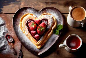 jordgubb pannkaka i hjärta form på de maträtt i dinning tabell bakgrund. mat och efterrätt begrepp. digital konst illustration. generativ ai foto