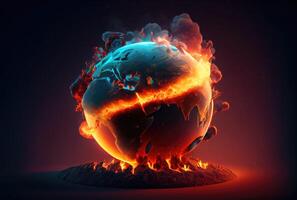 brinnande jord med lava på mörk bakgrund. global uppvärmningen och miljö bevarande begrepp. generativ ai foto