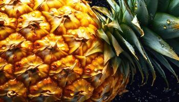 stänga upp av rena ananas med vatten släppa i mörk svart bakgrund. färsk frukt och vegetabiliska begrepp. näring och vitamin tema. generativ ai foto