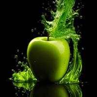 Fantastisk grön äpple med vatten stänk och droppar isolerat, generativ ai foto