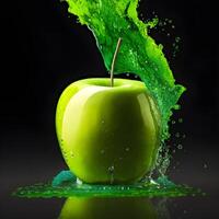 Fantastisk grön äpple med vatten stänk och droppar isolerat, generativ ai foto