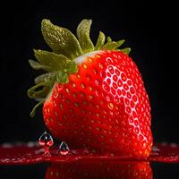 Fantastisk jordgubb med vatten stänk och droppar isolerat, generativ ai foto