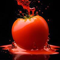 Fantastisk tomat med vatten stänk och droppar isolerat, generativ ai foto