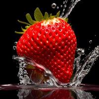 Fantastisk jordgubb med vatten stänk och droppar isolerat, generativ ai foto