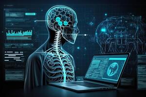 medicin medicinsk teknologi och trogen begrepp en läkare rörande elektronisk medicinsk spela in på virtuell skärm, hjärna analys, dna illustration generativ ai foto