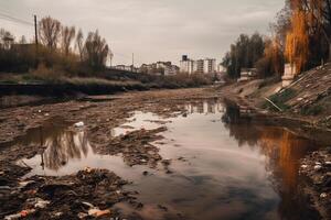 förorenad flod med sopor och industriell avfall illustration generativ ai foto